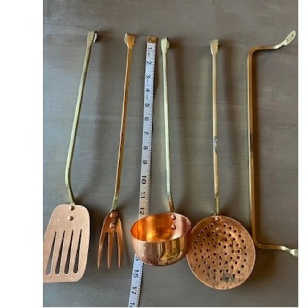 Vintage Copper Brass Kitchen Utensil Set 5pc Korea Patina Rustic Wall Rack
